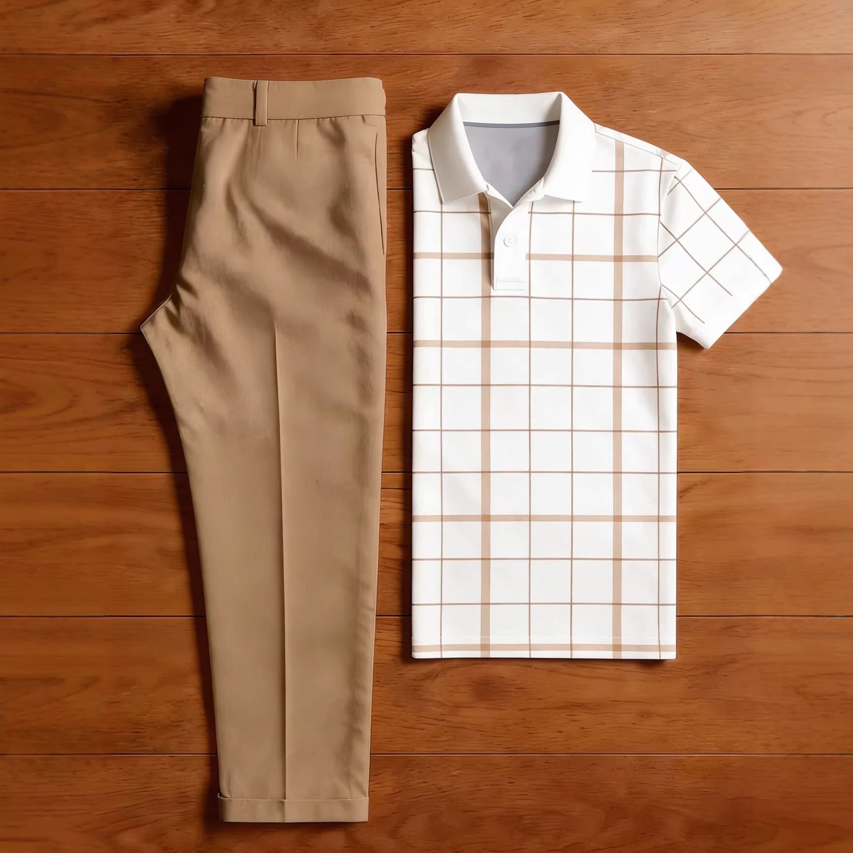 Men's Luxury 3D Checkered Polo & Shorts Set – Trendy Outdoor Casual White Button Suit