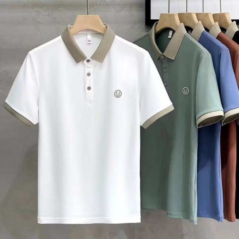 Men’s Summer Ice Silk Knitted Polo | Luxury Contrasting Half-Sleeve Smart-Casual Shirt