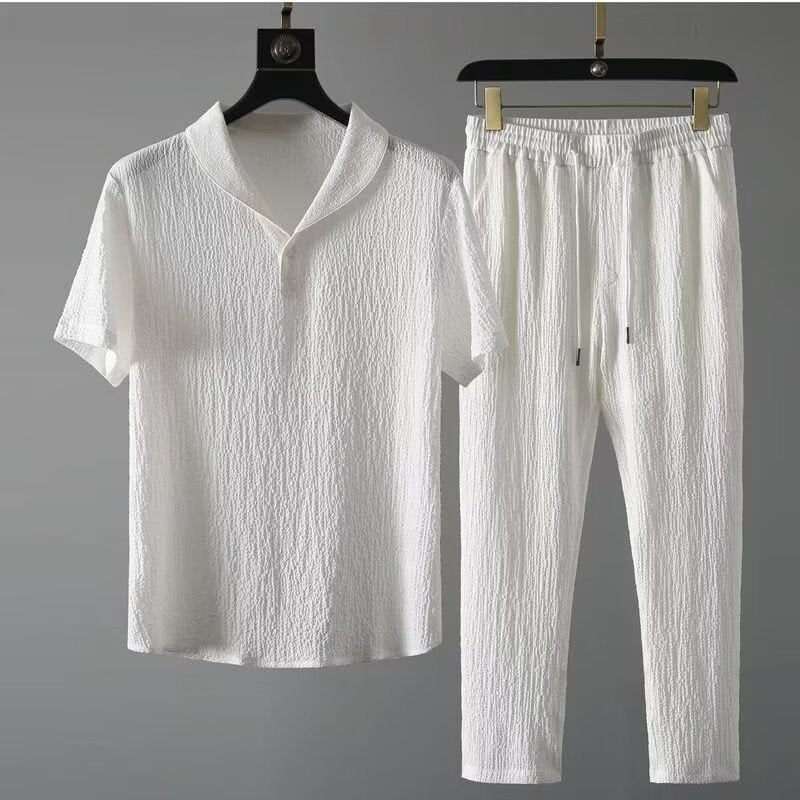Men's Casual Ice Silk Linen Matching Set | Ultra-Thin Short-Sleeve Two-Piece Outfit