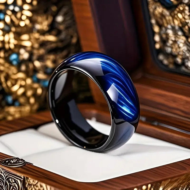 Men's Stainless Steel Blue Tiger's Eye Inlaid Ring | Punk Black & Blue Aurora Design Ring Jewelry