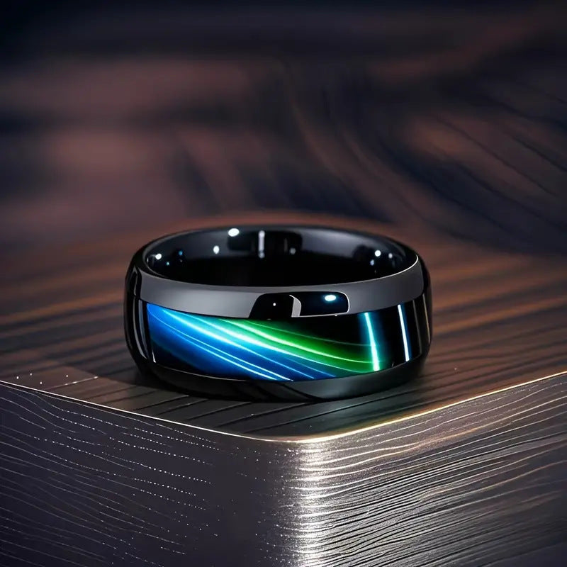 Men's Stainless Steel Blue Tiger's Eye Inlaid Ring | Punk Black & Blue Aurora Design Ring Jewelry