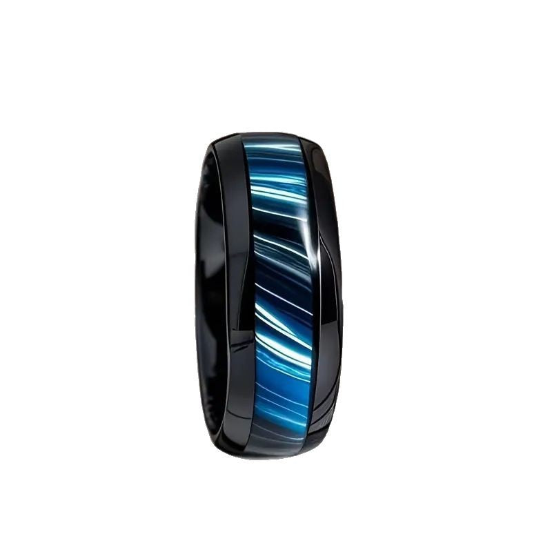 Men's Stainless Steel Blue Tiger's Eye Inlaid Ring | Punk Black & Blue Aurora Design Ring Jewelry
