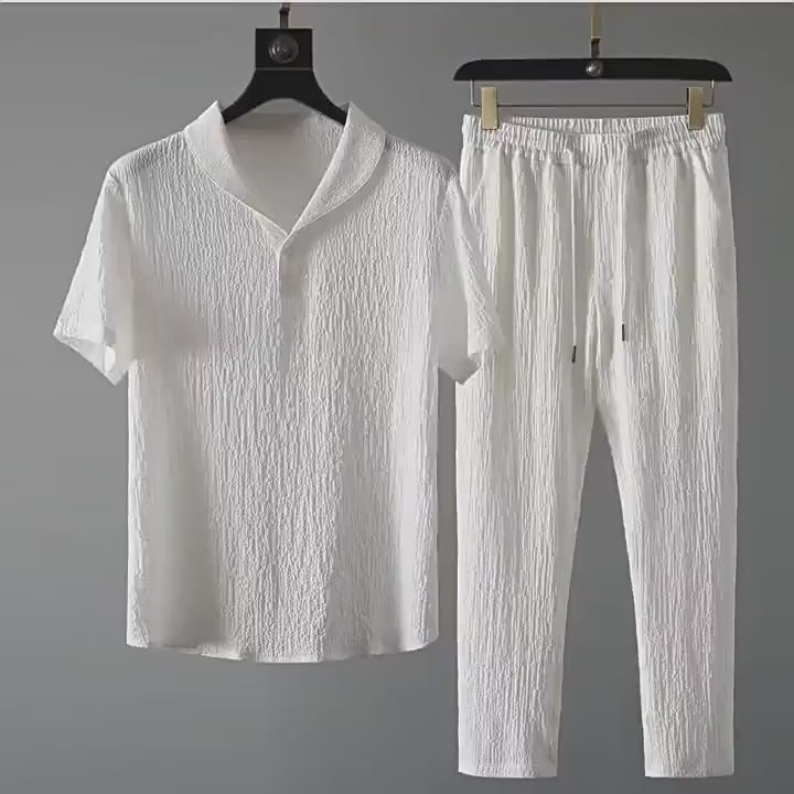 Men's Casual Ice Silk Linen Matching Set | Ultra-Thin Short-Sleeve Two-Piece Outfit